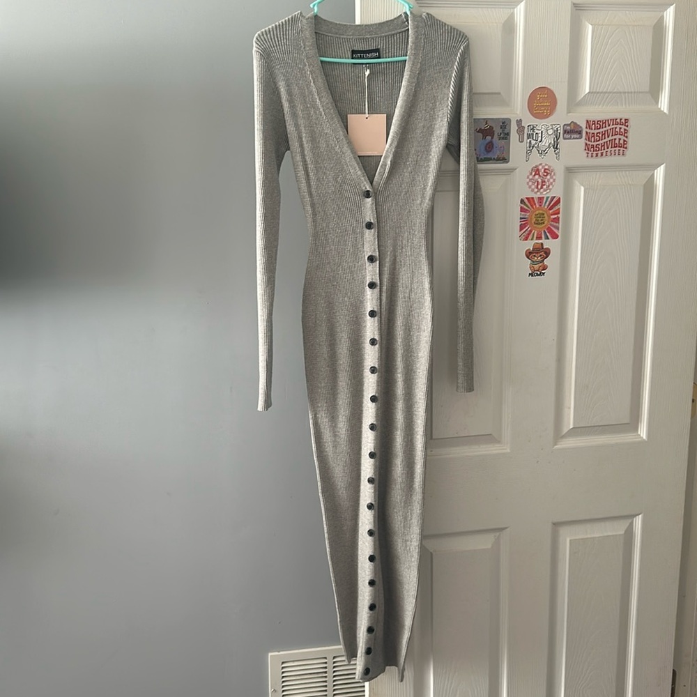 Kittenish, long sleeve button down dress